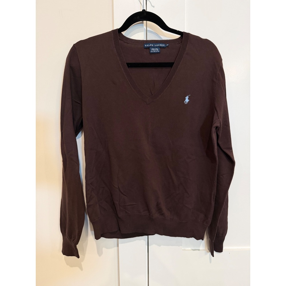 Ralph Lauren V-Neck Sweater Women XL Brown Excellent Pima Cotton Preppy Vintage